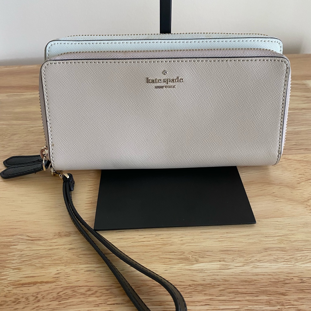 Kate Spade Double Zip Cedar Street In Crisp Linen And Cement Colorblock Wallet